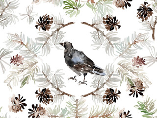 Watercolor seamless Christmas pattern with fir branches and bird