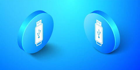 Isometric USB flash drive icon isolated on blue background. Blue circle button. Vector.