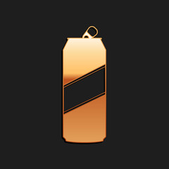 Gold Aluminum can icon isolated on black background. Long shadow style. Vector.