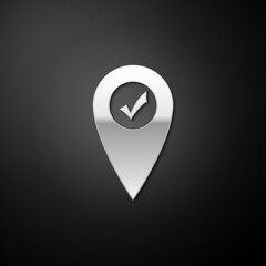 Silver Map pointer with check mark icon isolated on black background. Marker location sign. Tick symbol. For location maps. Sign for navigation. Long shadow style. Vector.