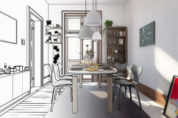 Modern Dinning Room Inside a Fresh Renovated Building (draft) - 3d visualization