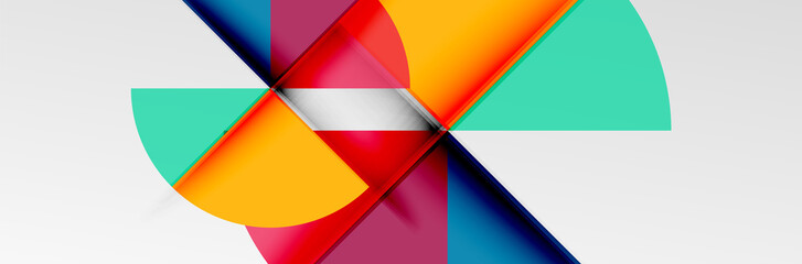 Bright color circles, abstract round shapes and triangles composition with shadow effects. Vector modern geometric design template