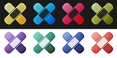 Set Set Bandage plaster icon isolated on black and white background. Medical plaster, adhesive bandage, flexible fabric bandage. Vector.