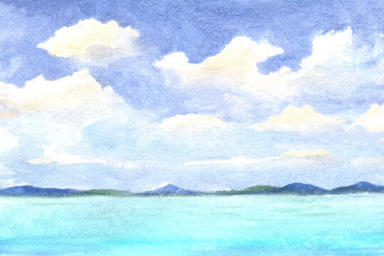 watercolor sea landscape and background with fluffy clouds and aqua blue water