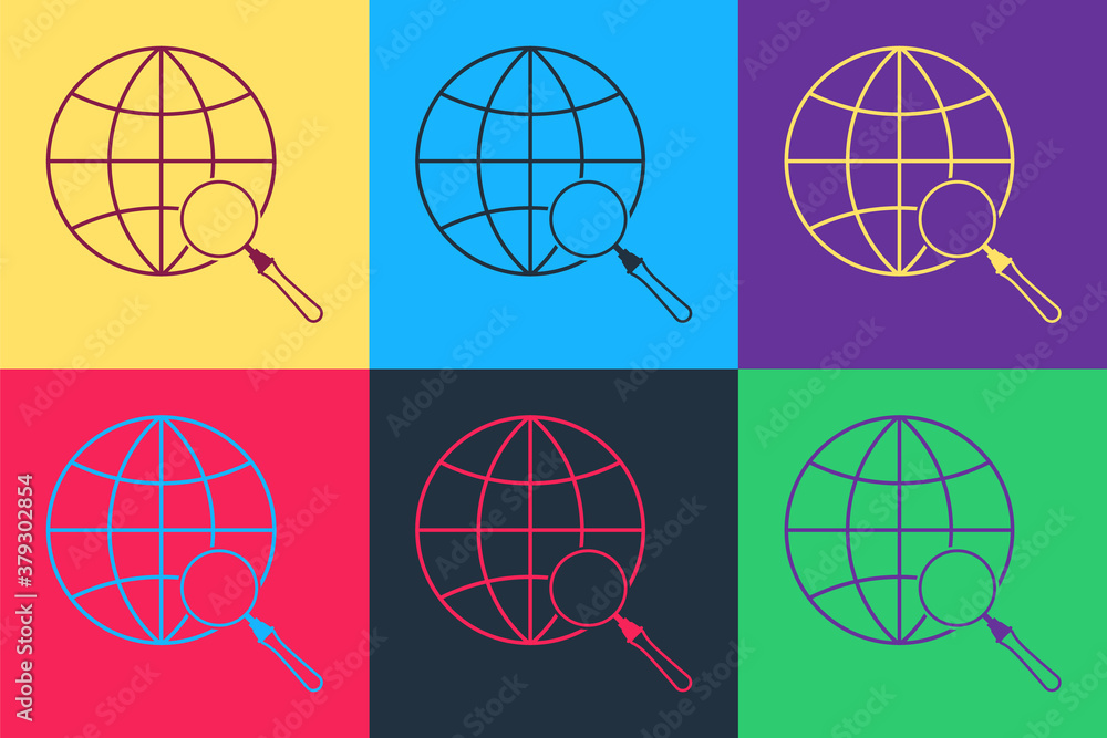 Poster pop art magnifying glass with globe icon isolated on color background. analyzing the world. global s