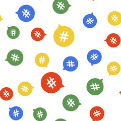 Color Hashtag in circle icon isolated seamless pattern on white background. Social media symbol, concept of number sign, social media, micro blogging pr popularity. Vector.