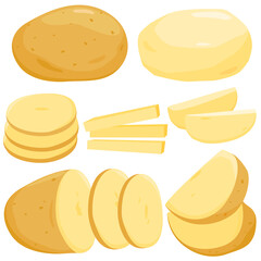 Whole, sliced and peeled potatoes. Vector illustration.