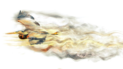 Abstract nature. Flying bird. Dispersion effect. White background. 