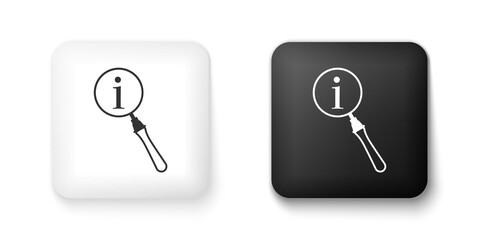 Black and white Magnifying glass and information icon isolated on white background. Search with information sign. Square button. Vector.