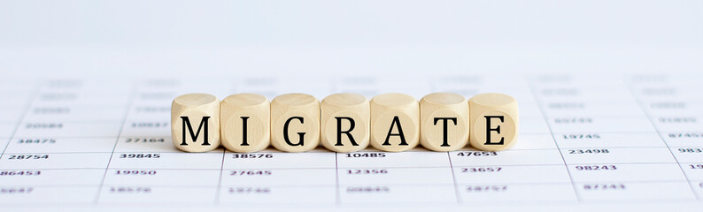 Text MIGRATE on a wooden cube blocks