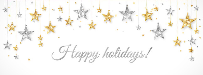 Holiday banner with gold and silver decoration. Christmas glitter border. Festive vector background isolated on white. Garland with stars. For Christmas and New Year banners, headers, cards.