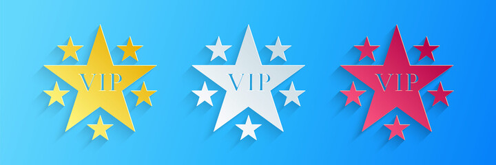 Paper cut Star VIP with circle of stars icon isolated on blue background. Paper art style. Vector.