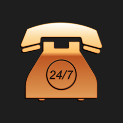 Gold Telephone 24 hours support icon isolated on black background. All-day customer support call-center. Open 24 hours a day and 7 days a week. Long shadow style. Vector.