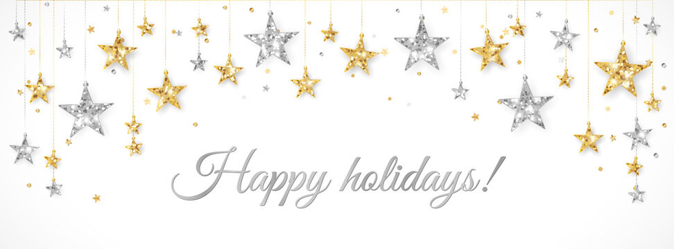 Holiday banner with gold and silver decoration. Christmas glitter border. Festive vector background isolated on white. Garland with stars. For Christmas and New Year banners, headers, cards.