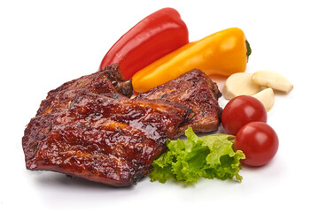 Roasted pork spare ribs in bbq sauce, spicy food, isolated on white background