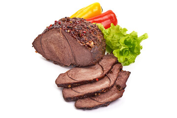 Sliced Baked pork roast, isolated on white background