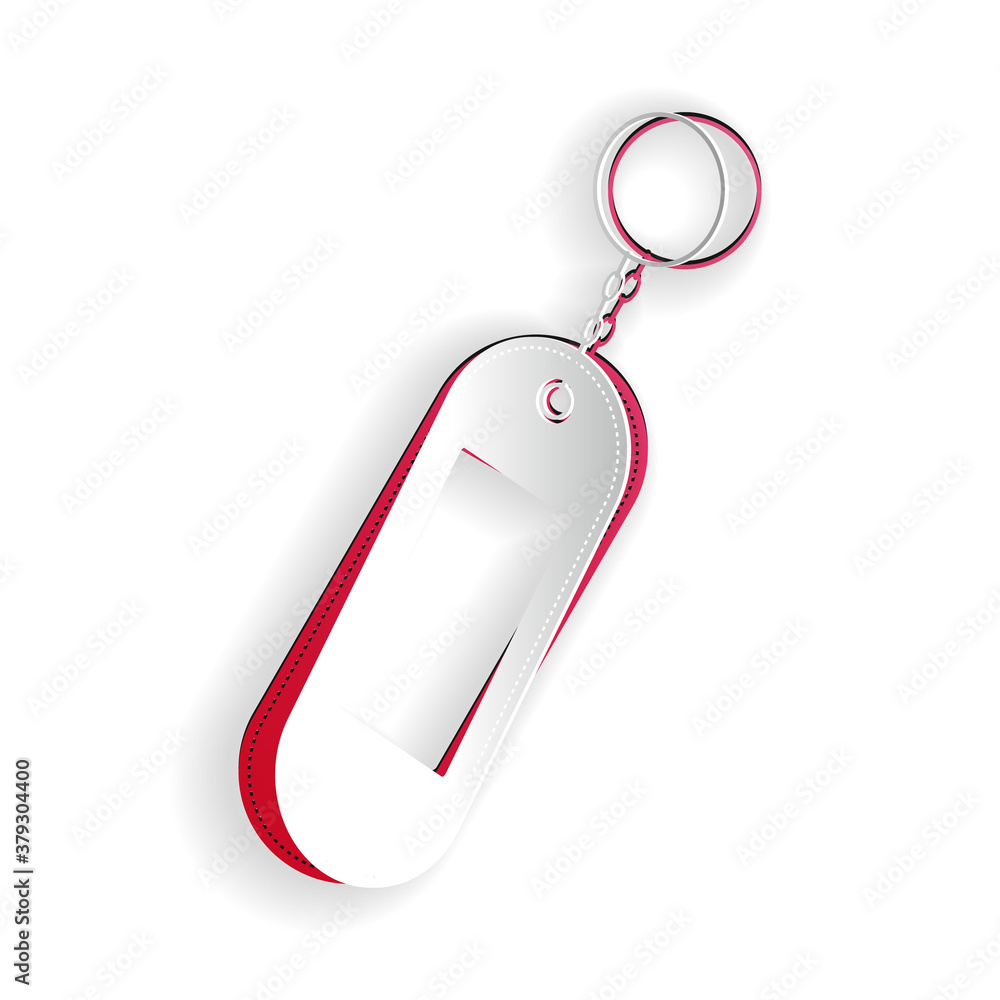 Poster paper cut key chain icon isolated on white background. blank rectangular keychain with ring and chai