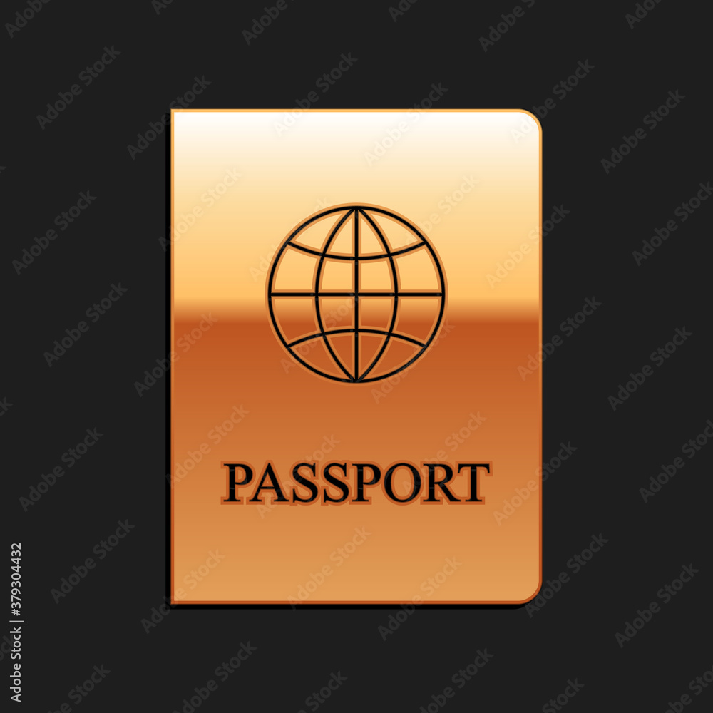 Poster gold passport with biometric data icon isolated on black background. identification document. long s
