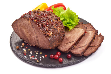 Spicy roast pork slices, isolated on white background