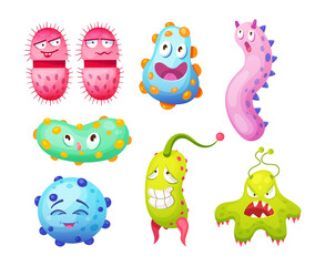 Microorganism, bacteria, microbes, cute germs, virus cell, bacillus with funny smiley faces. Viruses bacteria emoticon, microbe monsters smiling pathogen microbes coronavirus cartoon characters