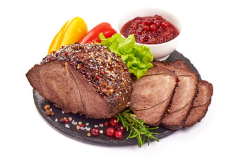Sliced Baked pork roast, isolated on white background