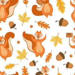 Autumn Seamless Pattern with Cute Squirrel, Colorful Leaves and Acorns, Design Element Can Be Used for Fabric, Packaging, Background Vector Illustration