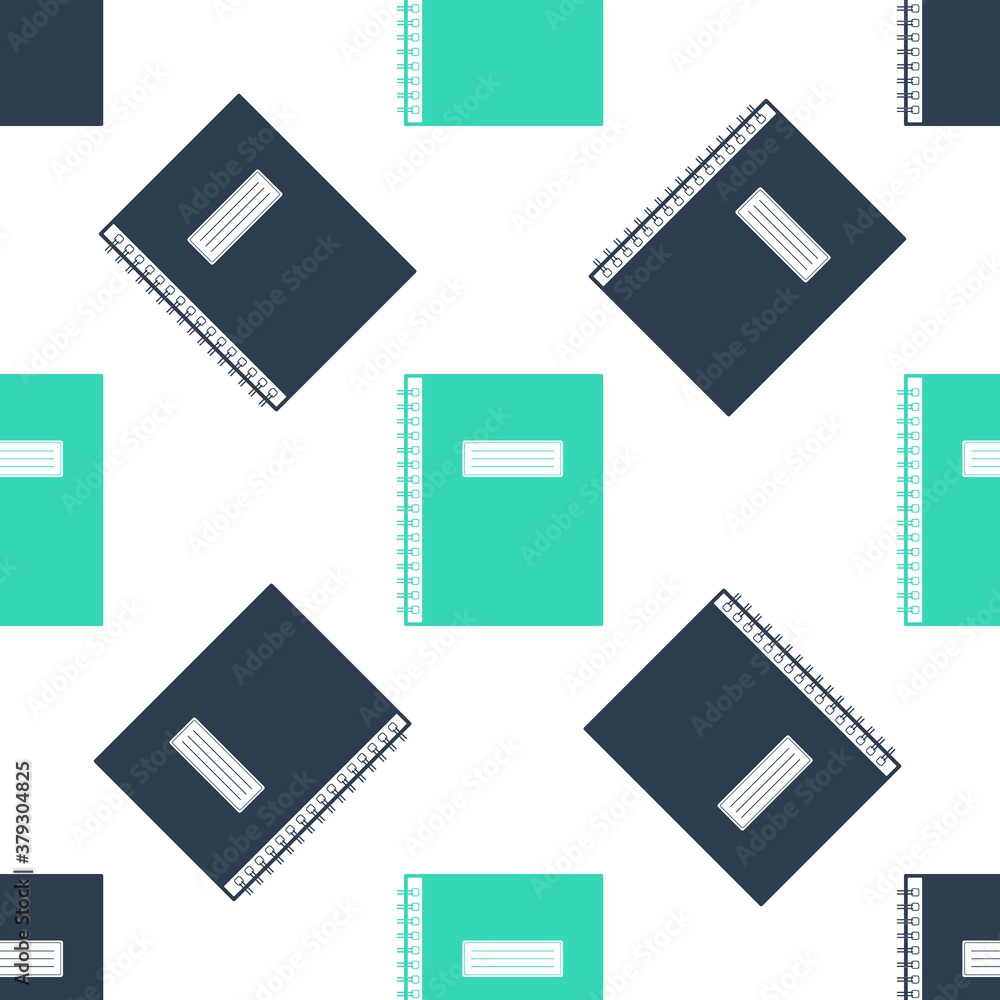 Poster green notebook icon isolated seamless pattern on white background. spiral notepad icon. school noteb