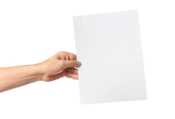 Male hand with blank paper on white background