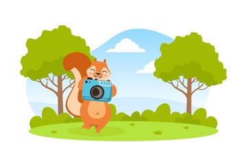 Obraz na płótnie Canvas Cute Squirrel Taking Photo with Camera, Adorable Wild Animal Character on Summer Landscape Vector Illustration