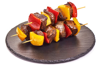 Grilled beef shish kebab, barbecue skewers, isolated on white background