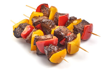 Mutton shish kebab, Grilled meat skewers, isolated on white background
