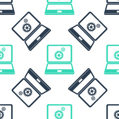Green Laptop and gears icon isolated seamless pattern on white background. Adjusting app, service, setting options, maintenance, repair, fixing laptop concepts. Vector.