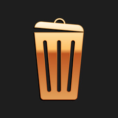 Gold Trash can icon isolated on black background. Garbage bin sign. Recycle basket icon. Office trash icon. Long shadow style. Vector.