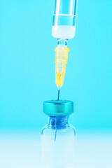 Pharmaceutical research. Syringe and vaccine. Research, Medicine, pharmacy And Health Care concept. vertical image