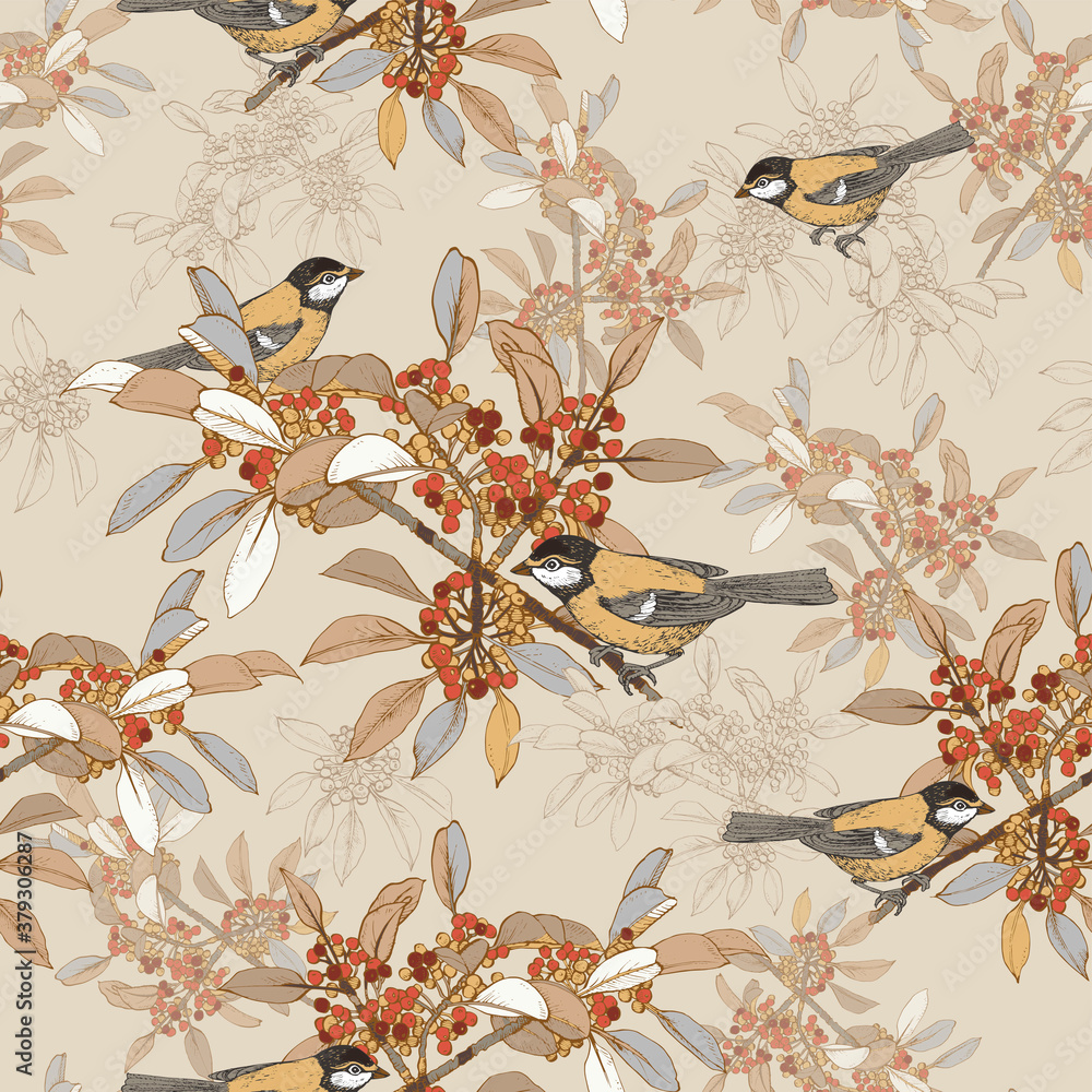 Aufkleber seamless vector pattern with birds titmouse and branches with berries