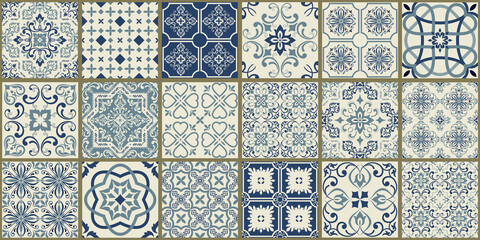 Collection of 18 ceramic tiles in turkish style. Seamless colorful patchwork from Azulejo tiles. Portuguese and Spain decor. Islam, Arabic, Indian, Ottoman motif. Vector Hand drawn background - 379306481