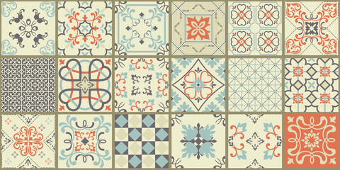 Collection of 18 ceramic tiles in turkish style. Seamless colorful patchwork from Azulejo tiles. Portuguese and Spain decor. Islam, Arabic, Indian, Ottoman motif. Vector Hand drawn background