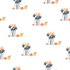 Vector hand drawn background.Flowers and fruits. Element of seamless pattern