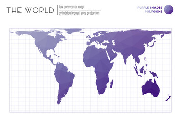 Triangular mesh of the world. Cylindrical equal-area projection of the world. Purple Shades colored polygons. Energetic vector illustration.