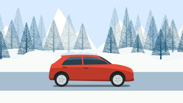 Red car trip on a snowy mountain road. Cartoon car. Looping footage 4k
