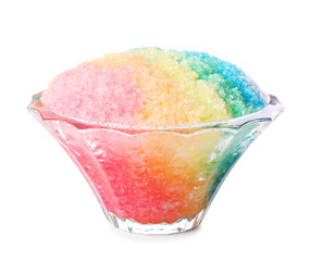 Rainbow shaving ice in glass dessert bowl isolated on white