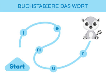 Buchstabiere das wort - Spell the word. Maze for kids. Spelling word game template. Learn to read word lemur. Activity page for study German for development of children. Vector stock illustration.