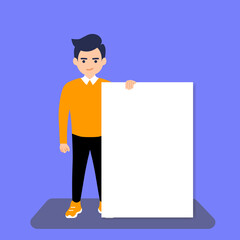 Young man holding white blank poster, banner. A place to post your advertisement or other information. Advertising.