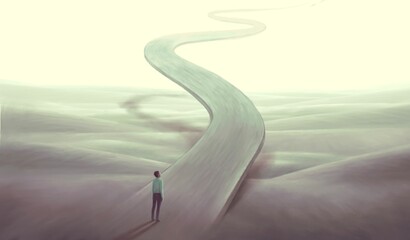 Concept art of  success hope dream way and ambition , surreal landscape painting,  man with floating road , imagination artwork, conceptual illustration