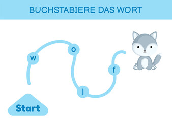 Buchstabiere das wort - Spell the word. Maze for kids. Spelling word game template. Learn to read word wolf. Activity page for study German for development of children. Vector stock illustration.