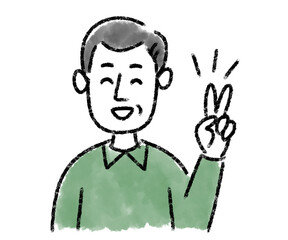 男性　ミドルエイジ　ピース　水彩　手描き
