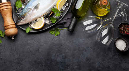 Raw fish cooking. Seafood and ingredients