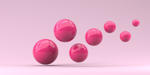 A lot of shiny pink spheres on a pink background. 3d render illustration for advertising.