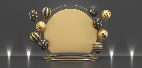 3d render illustration. For advertising. Black Friday. Balloons are black and gold on a dlack background around a pedestal background.