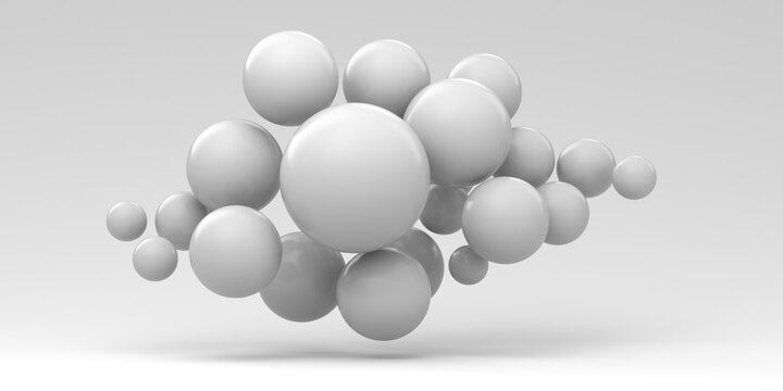 Flying spheres on a white background. 3d rendering. Abstraction illustration.